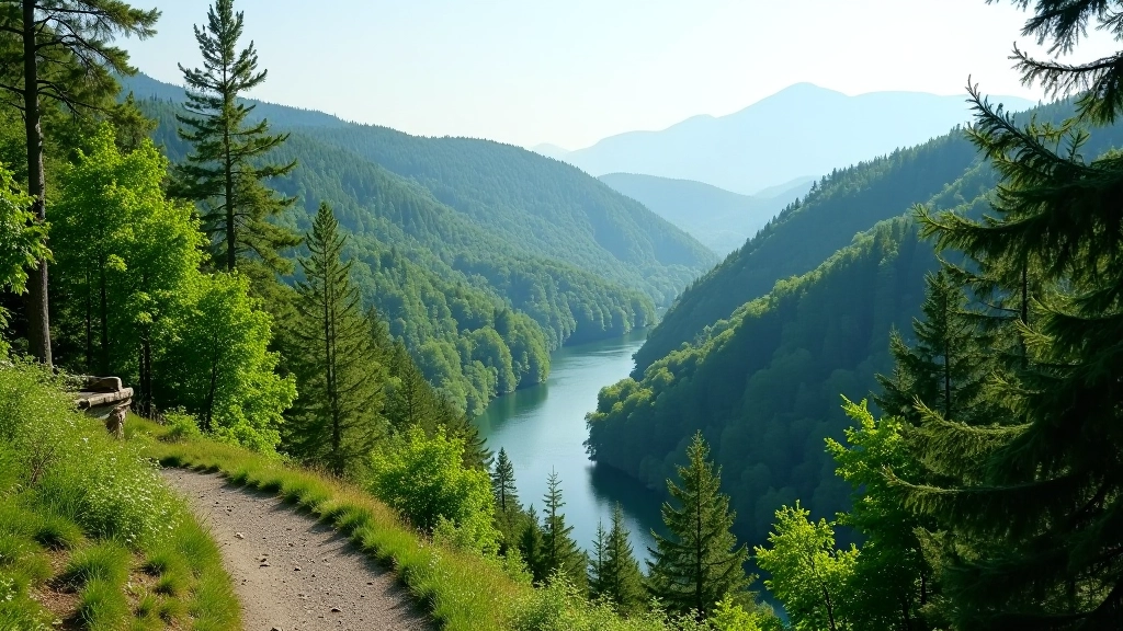 Nuotaika iš Nemuno kilpos parko, žali medžiai ir šlaitai nuo aukštai peržvelgiant upę